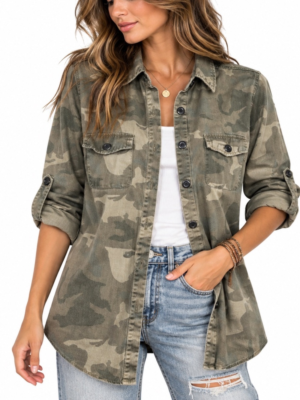 Cotton On Camo Utility Button Up Shirt Jacket S Roll Tab Sleeves Distressed